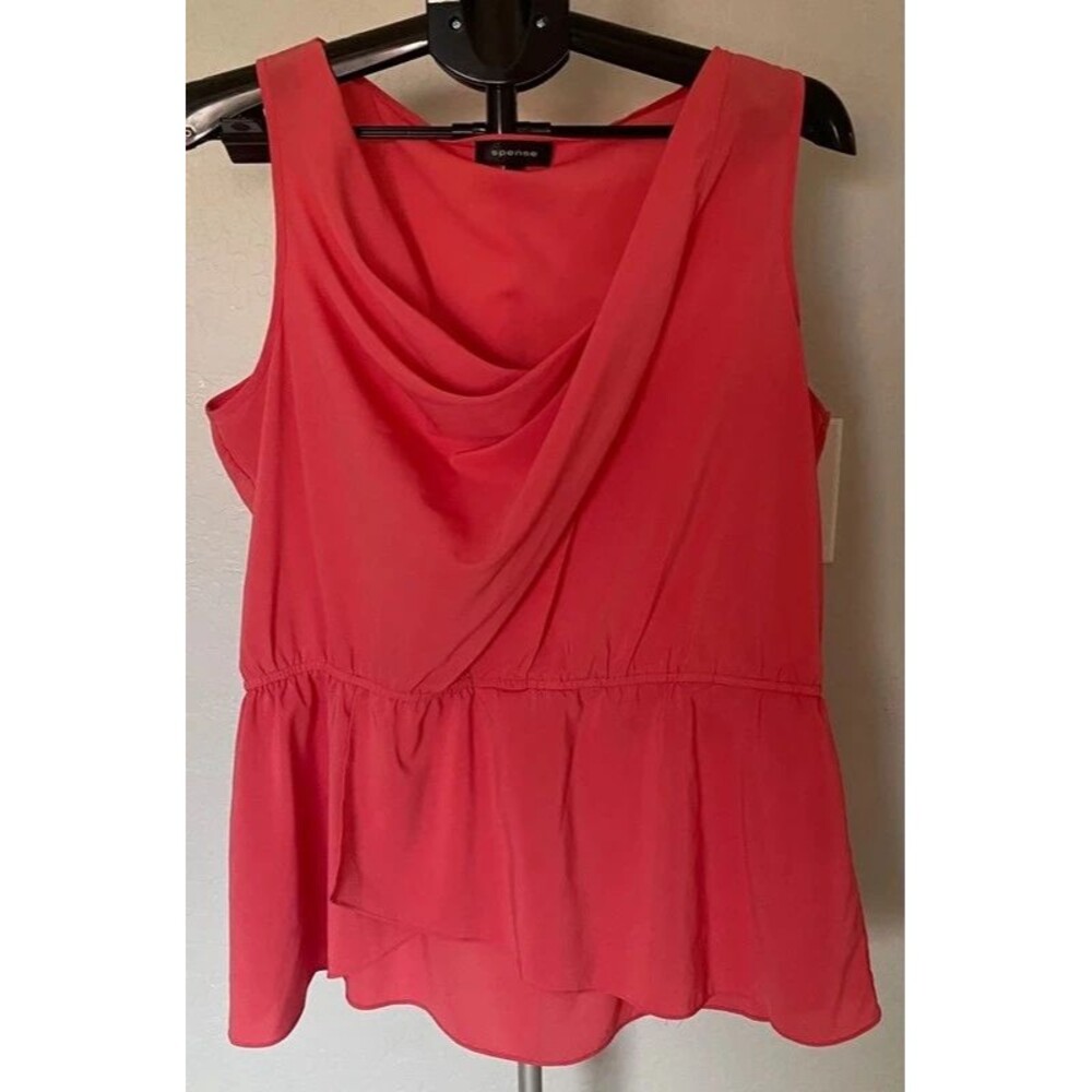 Spense Coral Pink Draped Cowl Neck Peplum Blouse Sleeveless Faux Wrap Top